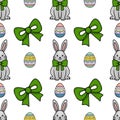 Seamless vector pattern featuring cute grey Easter bunnies with green bows and colorful decorated eggs on a white background Royalty Free Stock Photo