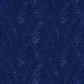 Seamless vector pattern featuring delicate wild grass silhouettes in violet and purple tones on a deep dark background Royalty Free Stock Photo