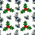 Seamless vector pattern featuring festive holly branches with red berries and juniper sprigs with blue berries, set against a Royalty Free Stock Photo