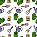 Seamless vector pattern featuring gardening tools like watering cans, trowels, forks, gloves, and seed packets, set against a Royalty Free Stock Photo