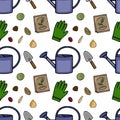 Seamless vector pattern featuring gardening tools, seed packets, and various seeds, with a cheerful Royalty Free Stock Photo
