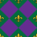 Seamless vector pattern featuring golden fleur-de-lis motifs on a repeating diamond background of green and purple Royalty Free Stock Photo