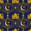 Seamless vector pattern featuring golden Islamic mosque silhouettes, crescent moons, and stars against a deep navy blue background Royalty Free Stock Photo