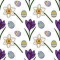 Seamless vector pattern featuring hand-drawn daffodils, crocuses, and vibrantly decorated Easter eggs with a playful, whimsical Royalty Free Stock Photo