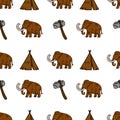 Seamless vector pattern featuring hand-drawn illustrations of woolly mammoths, stone-age tents, and primitive axes, rendered in a Royalty Free Stock Photo