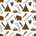 Seamless vector pattern featuring hand-drawn illustrations of woolly mammoths, stone-age tools, tents, and campfires, creating a Royalty Free Stock Photo