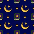 Seamless vector pattern featuring Islamic crescent moon, stars, and a stylized book on a deep blue night sky background Royalty Free Stock Photo