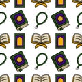 Seamless vector pattern featuring Islamic religious objects like the Quran, prayer mats, and prayer beads in a charming cartoon Royalty Free Stock Photo