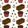 Seamless vector pattern featuring isometric gardening elements like wooden planters, red pots filled with soil, and various seeds Royalty Free Stock Photo