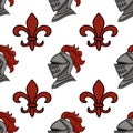 Seamless vector pattern featuring medieval knight helmets and red fleur-de-lis emblems on a white background Royalty Free Stock Photo
