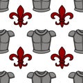 Seamless vector pattern featuring medieval knight\'s armor and red fleur-de-lis emblems Royalty Free Stock Photo