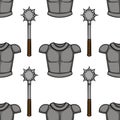 A seamless vector pattern featuring medieval knight\'s armor and a spiked mace, rendered in a stylized Royalty Free Stock Photo