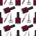 Seamless vector pattern featuring nail polish bottles, nail files, and manicure scissors in a playful arrangement Royalty Free Stock Photo