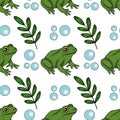 Seamless vector pattern featuring playful green frogs, delicate green leaves, and light blue bubbles on a white background Royalty Free Stock Photo