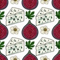 Seamless vector pattern featuring ripe figs, wedges of blue cheese, and delicate white flowers, arranged with fresh fig leaves on Royalty Free Stock Photo