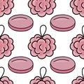 Seamless vector pattern featuring stylized pink bath sponges and oval soap bars with bold black outlines on a clean white Royalty Free Stock Photo