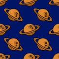 Seamless vector pattern featuring stylized planets with rings, rendered in warm orange hues against a deep blue backdrop, creating Royalty Free Stock Photo