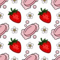 Seamless vector pattern featuring vibrant red strawberries, delicate white flowers with yellow centers, and soft pink soap bars Royalty Free Stock Photo