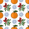 Seamless vector pattern featuring vibrant tangerine, delicate mistletoe with red bows, and stylized blue snowflakes on a clean Royalty Free Stock Photo