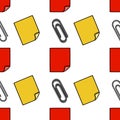 Seamless vector pattern featuring yellow and red sticky notes and metallic paperclips, creating a playful office supplies design Royalty Free Stock Photo