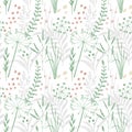 seamless vector pattern - field herbs, leaves, bushes