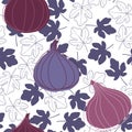 Seamless vector pattern with figs and fig tree leaves on a white background