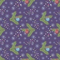 Seamless vector pattern with fir branches with Christmas balls, snowflakes and multicolored confetti on a dark blue background