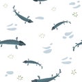 Seamless vector pattern with fishes in oriental style on a white background. Chinese style painting