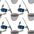 Seamless vector pattern of fishing gear, including a rod with a caught fish, a tackle box, and a net, on a white background Royalty Free Stock Photo
