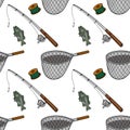 Seamless vector pattern of fishing gear, including a rod, reel, spool of line, fish, and net, on a white background Royalty Free Stock Photo