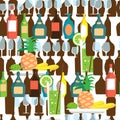 Seamless vector pattern with flat bottles of alcoholic beverages