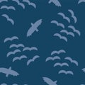 Seamless vector pattern flock of birds in the sky. Bird silhouettes on a blue background. use for fabric, digital paper, scrap Royalty Free Stock Photo