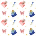 Seamless vector pattern with flowers butterfly envelopes. Love letters blue and pink. Spring vibes