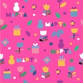 Seamless vector pattern of flowers and gifts icons on a magenta background.