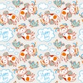 Seamless vector pattern of flying funny cow and chicken in the sky with clouds Royalty Free Stock Photo
