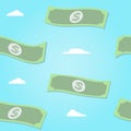 Seamless vector pattern of flying paper money whith clouds on blue background. Vector illustration. Royalty Free Stock Photo