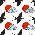 Seamless vector pattern of flying swallows and a red sun with stylized clouds, Japanese style Royalty Free Stock Photo