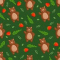 Seamless vector pattern with forest brown bear, strawberry leaves and berries. Vector illustration for fabric, texture