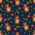 Seamless vector pattern with forest brown bear, strawberry leaves and berries. Vector illustration for fabric, texture