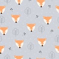 Seamless vector pattern of a Fox face in the forest on a grey background. Scandinavian style Royalty Free Stock Photo