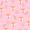 Seamless vector pattern of a Fox face in the forest on a pink background. Scandinavian style Royalty Free Stock Photo