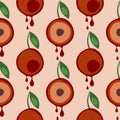 Seamless vector pattern with fruits. Symmetrical background with cherries and leaves on the pink backdrop.