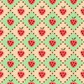 Seamless vector pattern with fruits. Symmetrical background with strawberries on the green and pink backdrop