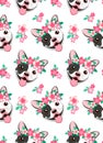 Seamless vector pattern with funny black and white french bulldog with pink flowers. Wallpaper with a beautiful puppy