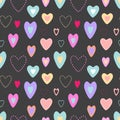 Seamless vector pattern with funny bright hearts on the dark background