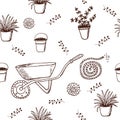 Seamless vector pattern with garden wheelbarrow and watering hose.Hand drawn sketches gardening tools. Royalty Free Stock Photo