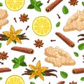 Seamless vector pattern of ginger, lemon, vanilla, mint, cinnamon