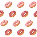 Seamless vector pattern with glazed pink donuts isolated on white. Sweet Pattern can be used for wallpaper, web page, surface