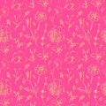 Seamless vector pattern with gold flowers on glamorous pink background. Repeating, summer, bright hand drawn