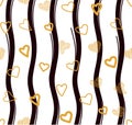 Seamless vector pattern gold hearts on black striped background. Royalty Free Stock Photo